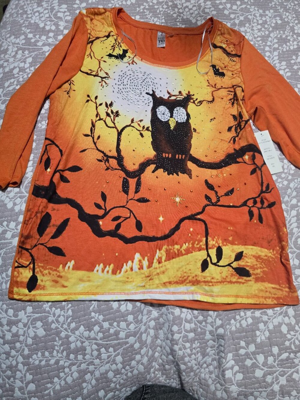 Sequin Owl Halloween Shirt Thomas & Olvia Ladies XLOrange Spooky 3/4 Sleeve